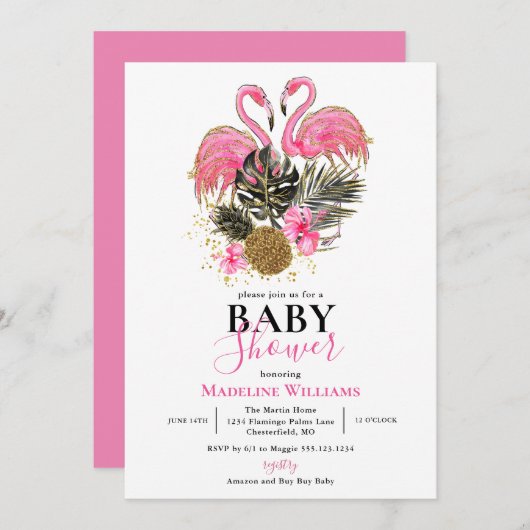 Tropische Glitter Roze Flamingo Baby Shower Kaart (Voorkant / Achterkant)