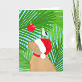 Tropische Golden Dog Santa Seagull Kerst Kaart