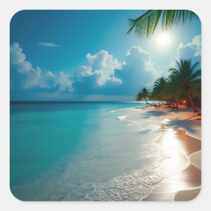 Tropische golven Blauwe bewolkte hemel strand Vierkante Sticker