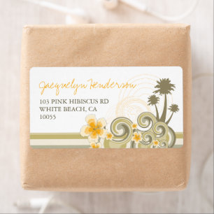 Tropische golven Geel Hibiscus Palm Adres Etiket