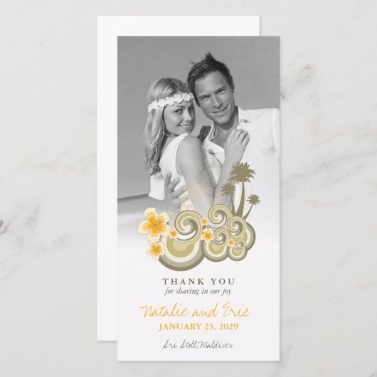 Tropische golven Geel Hibiscus Palm Trees Weddensc Bedankkaart (Voorkant / Achterkant)