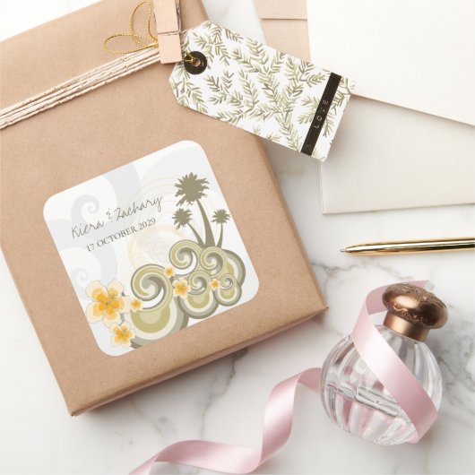 Tropische golven Gele Hibiscus-bestemming bruiloft Vierkante Sticker (Geschenken)