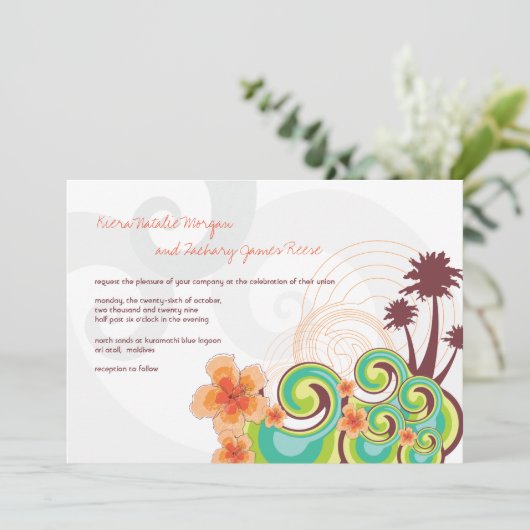 Tropische golven Oranje Hibiscus Destination Wedin Kaart (Staand voorkant)