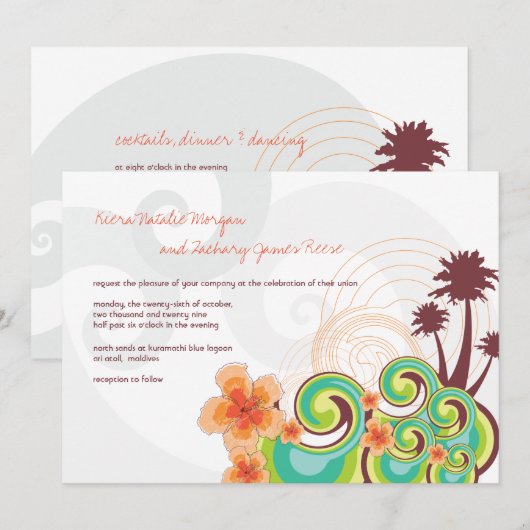 Tropische golven Oranje Hibiscus Destination Wedin Kaart (Voorkant / Achterkant)