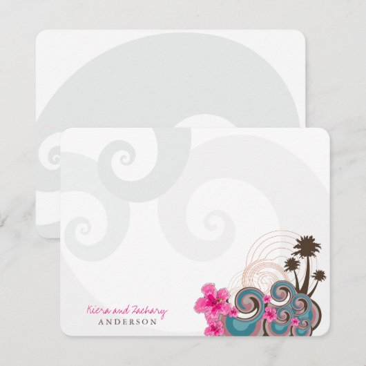 Tropische golven roze hibiscus Destination Wedinat Bedankkaart (Voorkant / Achterkant)