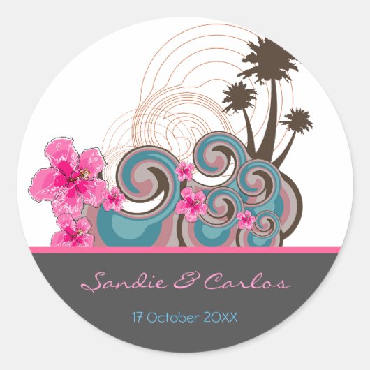 Tropische golven roze hibiscus Destination Wedinat Ronde Sticker (Voorkant)