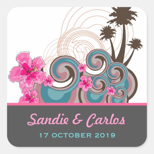 Tropische golven roze hibiscus Destination Wedinat Vierkante Sticker (Voorkant)