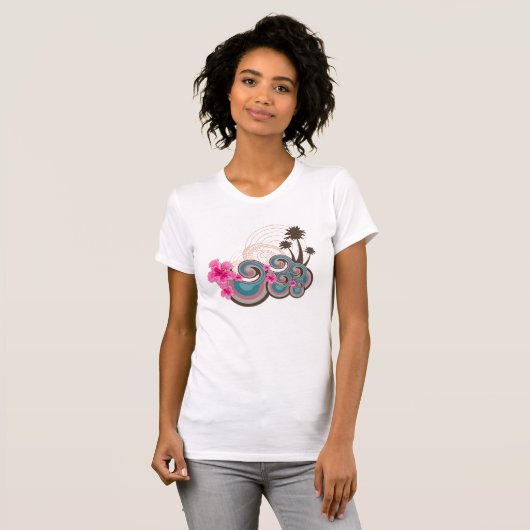 Tropische golven warme roze hibiscus strand bomen t-shirt (Voorkant volledig)