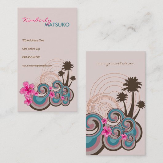 Tropische golven warme roze hibiscus strand bomen visitekaartje (Voorkant / Achterkant)