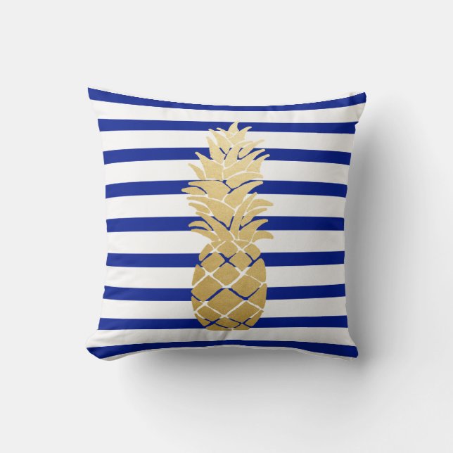 Tropische gouden anananas marineblauw Stripespatro Kussen (Voorkant)