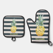 Tropische gouden anananas marinesblauwe strepes ovenwant & pannenlap set (Voorkant)