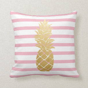Tropische gouden anananas   Roze strips-patroon Kussen