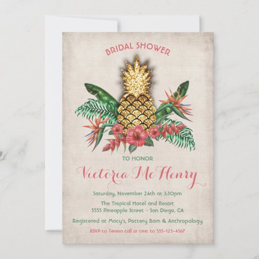 Tropische gouden ananas bruids douche uitnodiging (Voorkant)