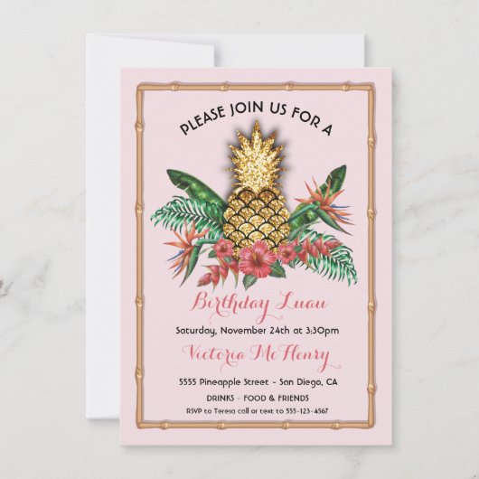 Tropische Gouden Ananas Luau Party Kaart (Voorkant)
