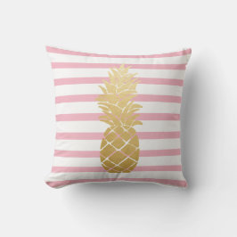 Tropische Gouden Ananas | Roze Strepen Patroon Kussen