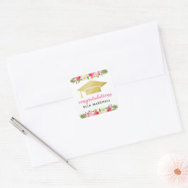 Tropische Gouden Baret Roze Bloem Afstudeerfeest Vierkante Sticker