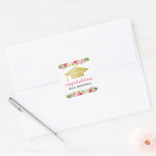 Tropische Gouden Baret Roze Bloem Afstudeerfeest Vierkante Sticker