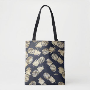 Tropische Gouden Folie Ananas Patroon Blauw Monogr Tote Bag
