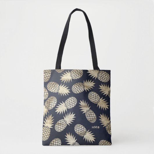 Tropische Gouden Folie Ananas Patroon Blauw Monogr Tote Bag (Voorkant)