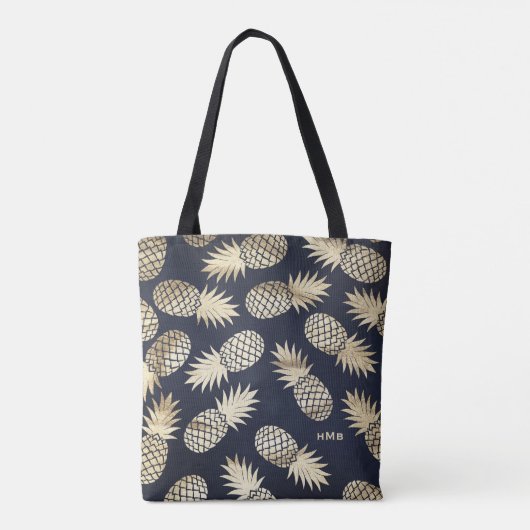 Tropische Gouden Folie Ananas Patroon Blauw Monogr Tote Bag (Achterkant)