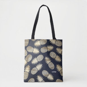 Tropische Gouden Folie Ananas Patroon Blauw Monogr Tote Bag