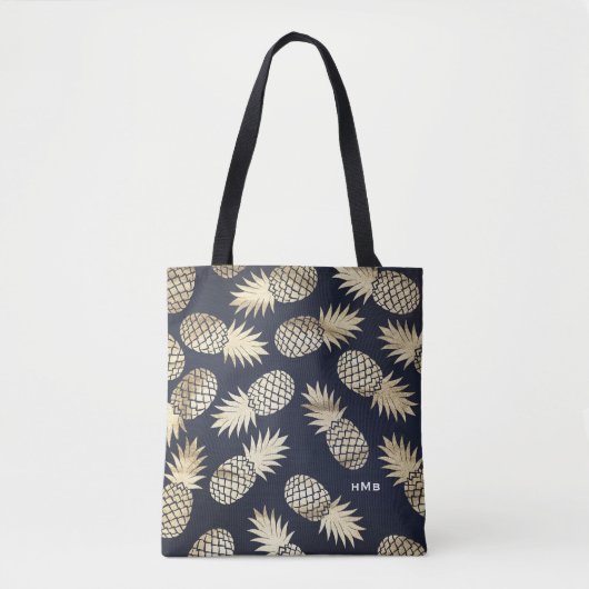 Tropische Gouden Folie Ananas Patroon Blauw Monogr Tote Bag (Voorkant)