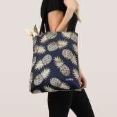 Tropische Gouden Folie Ananas Patroon Blauw Monogr Tote Bag (Dichtbij)