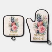 Tropische Gouden Glitter Shine Ananas Ovenwant & Pannenlap Set (Voorkant)