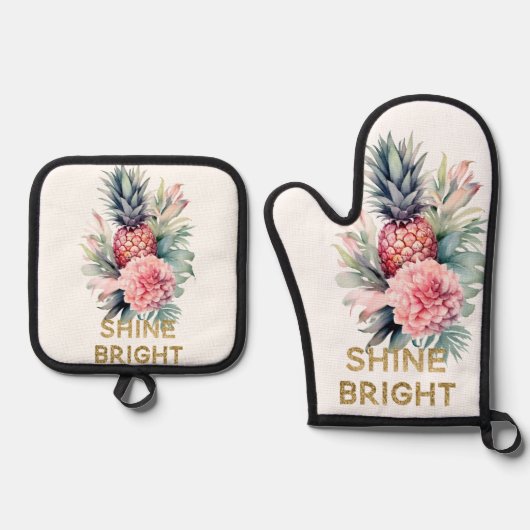 Tropische Gouden Glitter Shine Ananas Ovenwant & Pannenlap Set (Voorkant)