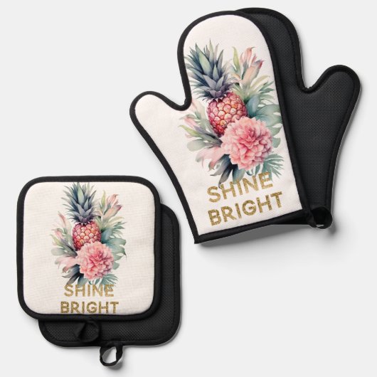 Tropische Gouden Glitter Shine Ananas Ovenwant & Pannenlap Set (Voorkant / Achterkant)