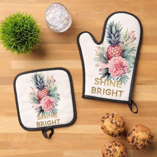 Tropische Gouden Glitter Shine Ananas Ovenwant & Pannenlap Set (Top down)