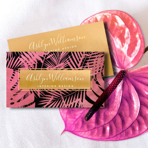 Tropische gouden handpalm roze elegant script typo visitekaartje