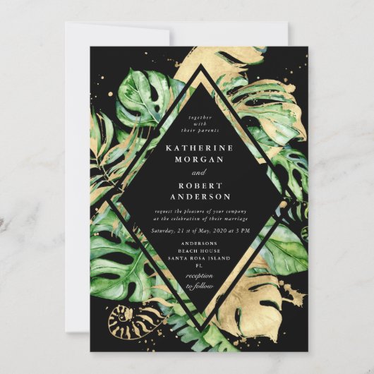 Tropische gouden loof bruiloft uitnodiging (Voorkant)