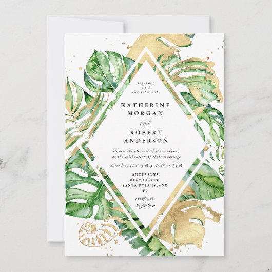Tropische gouden loof bruiloft uitnodiging (Voorkant)