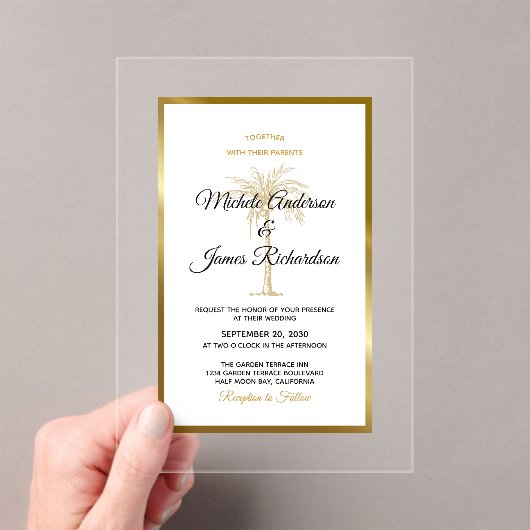 Tropische gouden palmboom Elegante strand bruiloft Acryl Uitnodigingen (Insitu (Draagbaar))