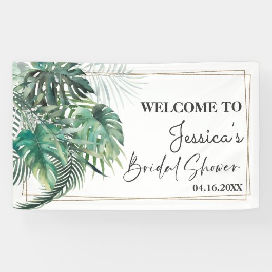 Tropische gouden vrijgezellenfeest met palmgroen spandoek (Horizontaal)