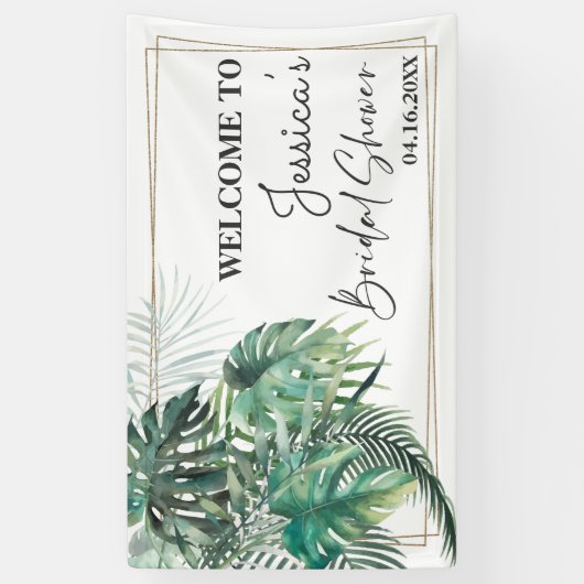 Tropische gouden vrijgezellenfeest met palmgroen spandoek (Verticaal)