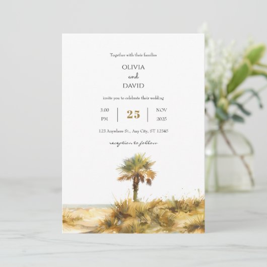 Tropische Gouden Zand Duin Palm Tree Beach Huwelij Kaart (Staand voorkant)