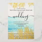 Tropische goudpalm elegant script bruiloft folie uitnodiging (Voorkant)