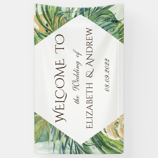 Tropische goudpalmen zomerbruiloft spandoek (Verticaal)