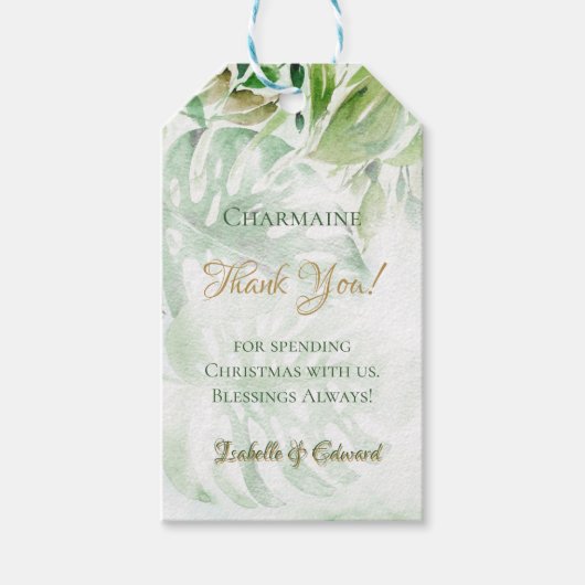 Tropische goudpalmfolie laat groene achtergrond ac cadeaulabel (Voorkant)