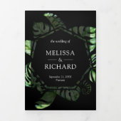 Tropische goudstera Palm Black QR Code Weddenschap Drieluik Uitnodiging (Cover)