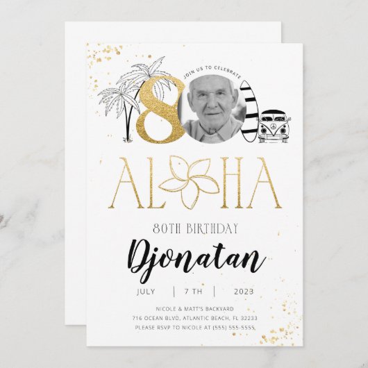 Tropische gouduitnodiging op 80ste verjaardag met kaart (Voorkant / Achterkant)