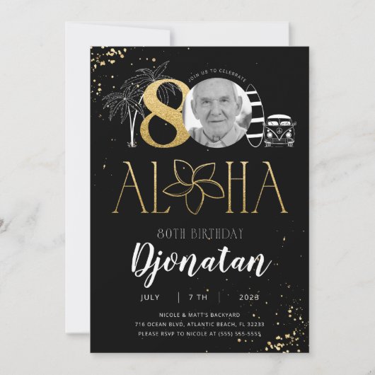 Tropische gouduitnodiging op 80ste verjaardag met  kaart (Voorkant)