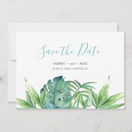 Tropische grafische Waterverf Greenery sparen de D Save The Date (Voorkant)