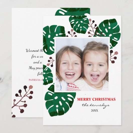 Tropische Green Foliage Kerstfeestdag Foto Feestdagenkaart (Voorkant / Achterkant)