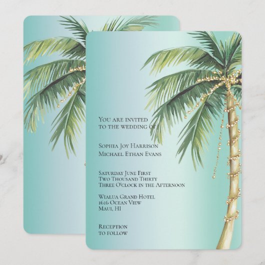 Tropische Green Glam Gold Glitzy Palm Tree Wedding Kaart (Voorkant / Achterkant)