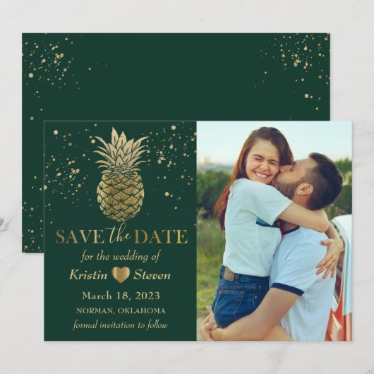 Tropische Green Gold Pineapple Foto Save The Date (Voorkant / Achterkant)