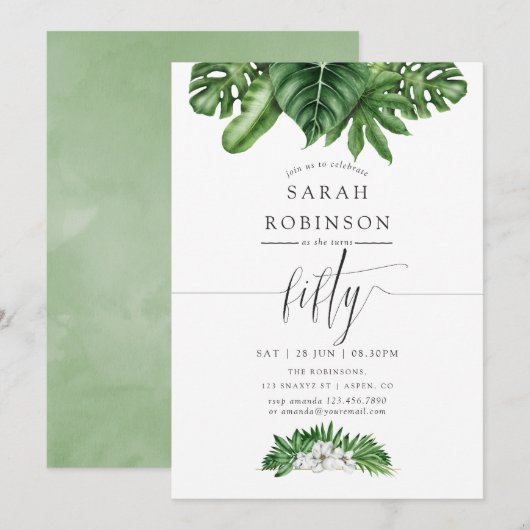 Tropische Greenery 50th Birthday Party Invitation Kaart (Voorkant / Achterkant)
