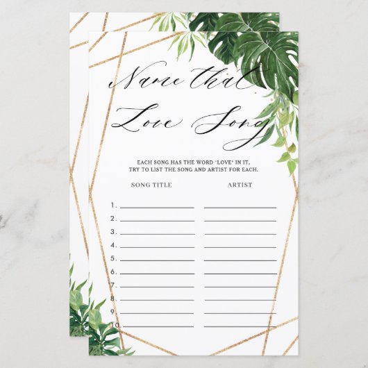 Tropische Greenery Bridal Name that Love Song Game (Voorkant / Achterkant)
